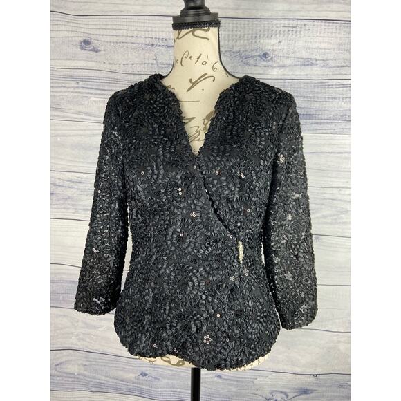 Vintage Helene Blake Sequin Wrap Evening Blouse Women 6 Lace Sleeve V Neck Black - Picture 2 of 15